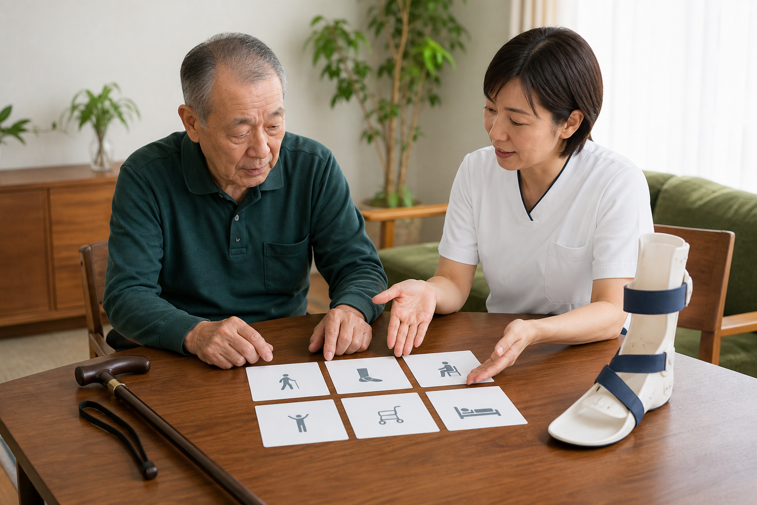 ポリオ後症候群の方が専門職と装具・杖・生活プランを相談する様子