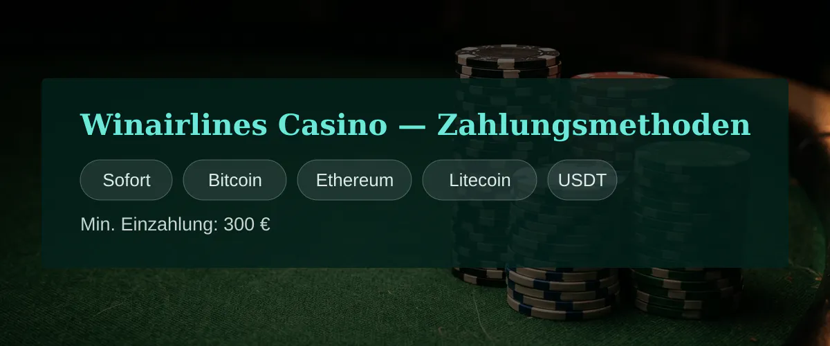 Winairlines Casino — Zahlungsmethoden: Sofort, Bitcoin, Ethereum, Litecoin, USDT