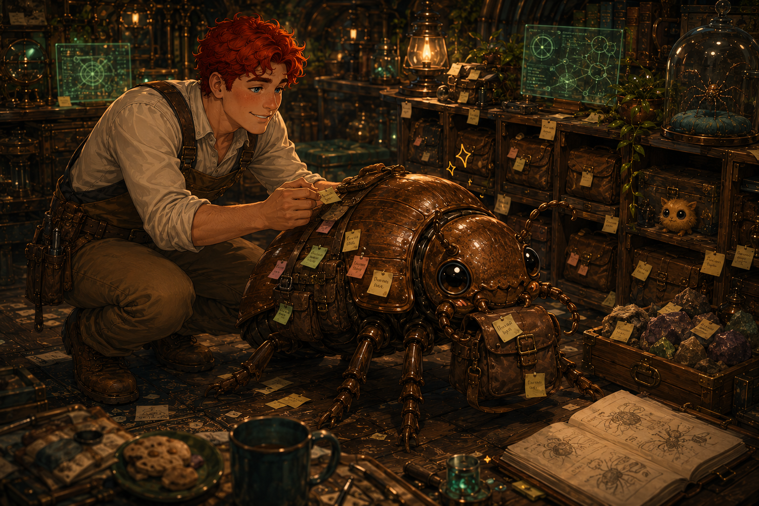 August crouched beside Pip covered in sticky notes
