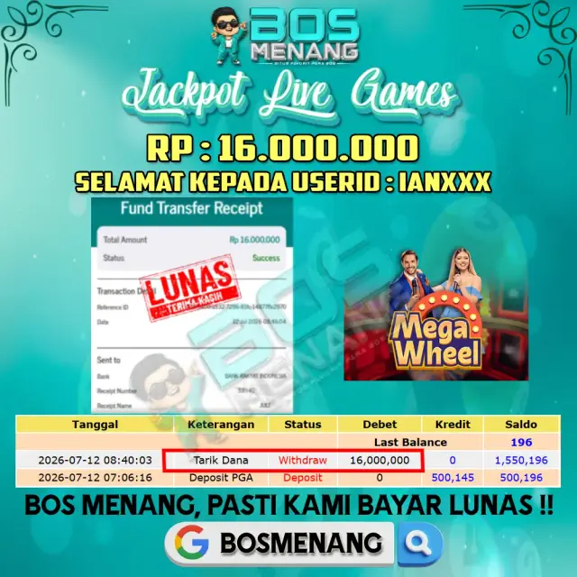 Tanggal 12 JULI 2026 - JACKPOT LIVE GAMES - PP LIVE MEGAWHEELS (PRAGMATIC LIVE DEALER)  Rp 16.000.000,-