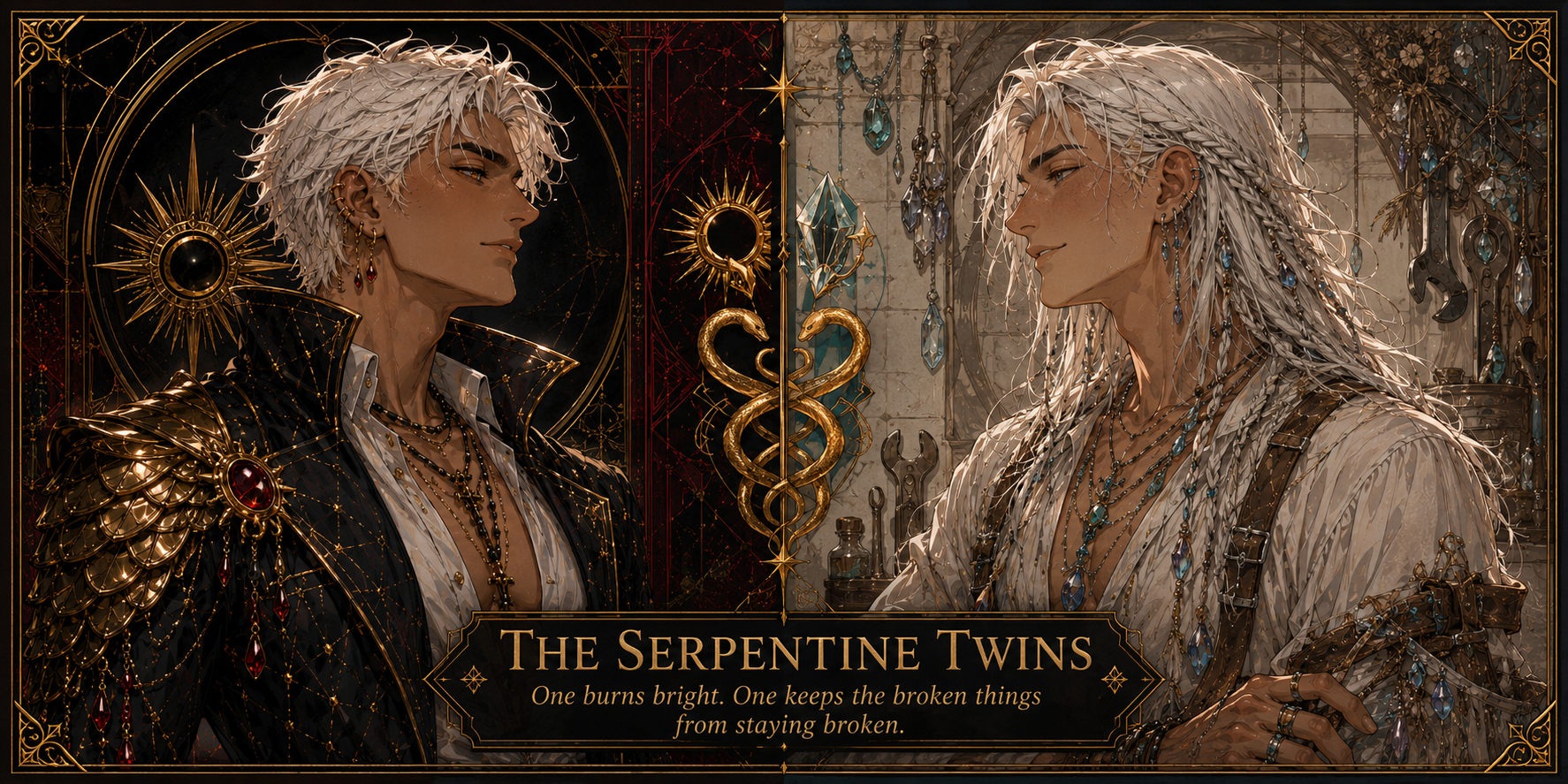 Apollo and Landon Serpentine, the Serpentine twins, facing each other with Skyward gold and structural blue motifs