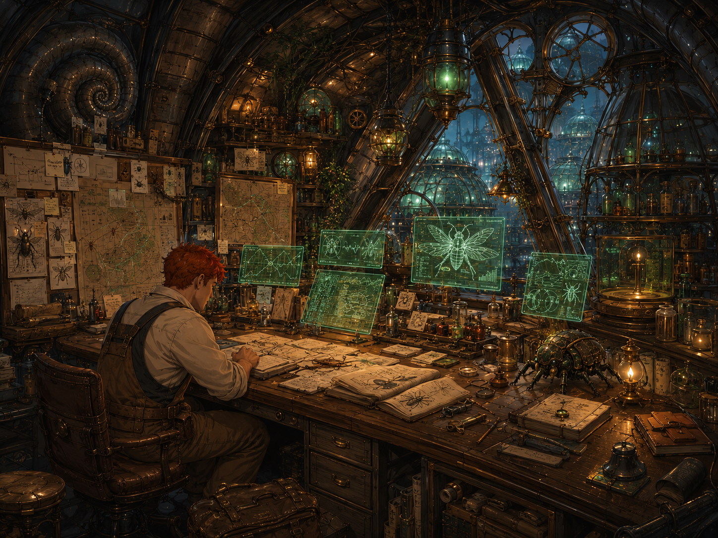 Auggie's main research desk with green holoscreens and notes