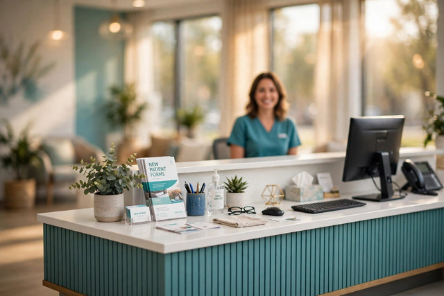 Bright modern dental office reception desk — the kind of front desk VoiceAI Smile answers for 24/7