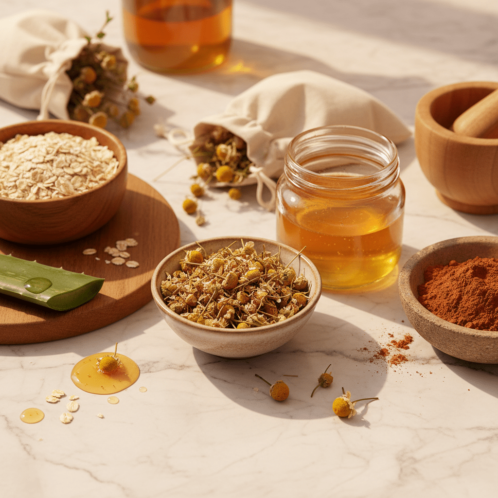 A marble counter with DIY chamomile face mask ingredients: oatmeal, honey, aloe vera, clay, and chamomile water