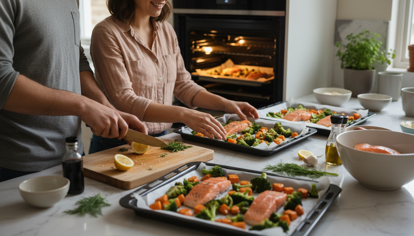 baked salmon fillets with lemon herbs and vegetables on a dinner plate