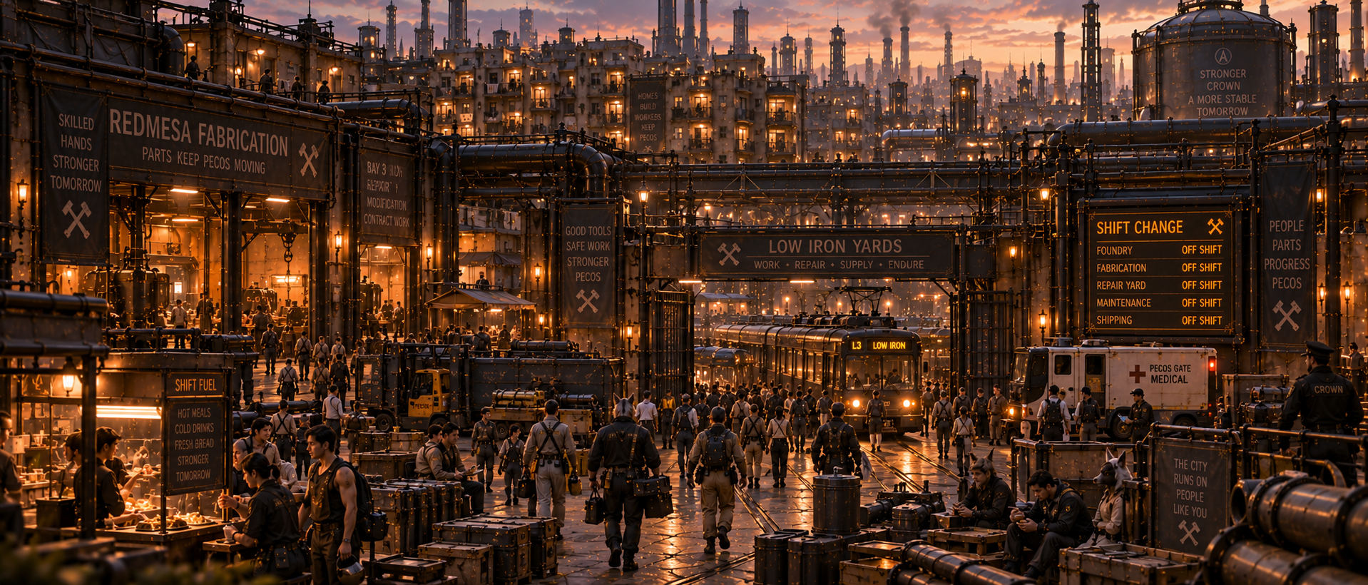 Low Iron workshops and industrial yards during a crowded evening shift change.