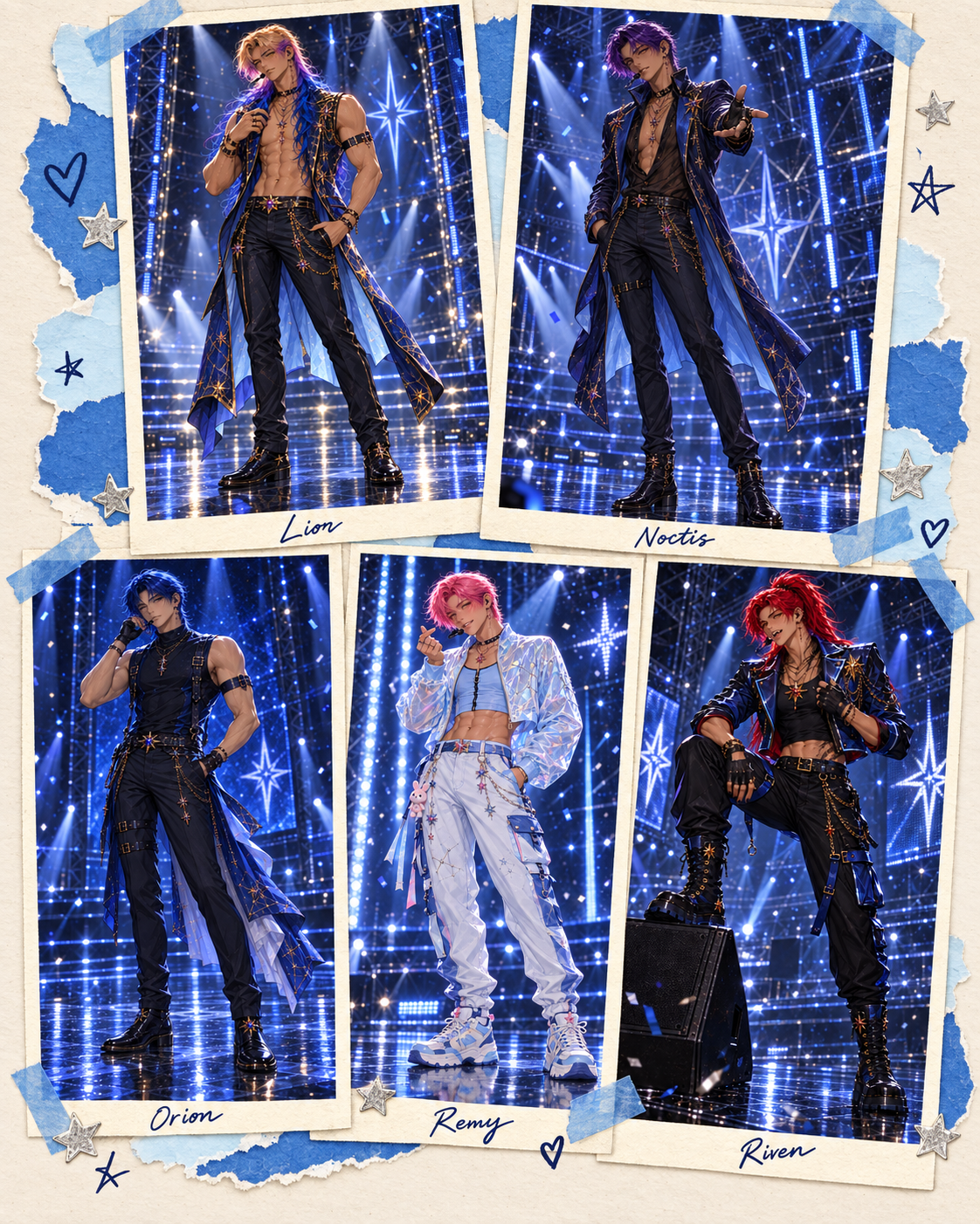 Starfall member scrapbook featuring Lior, Noctis, Orion, Remy, and Riven.