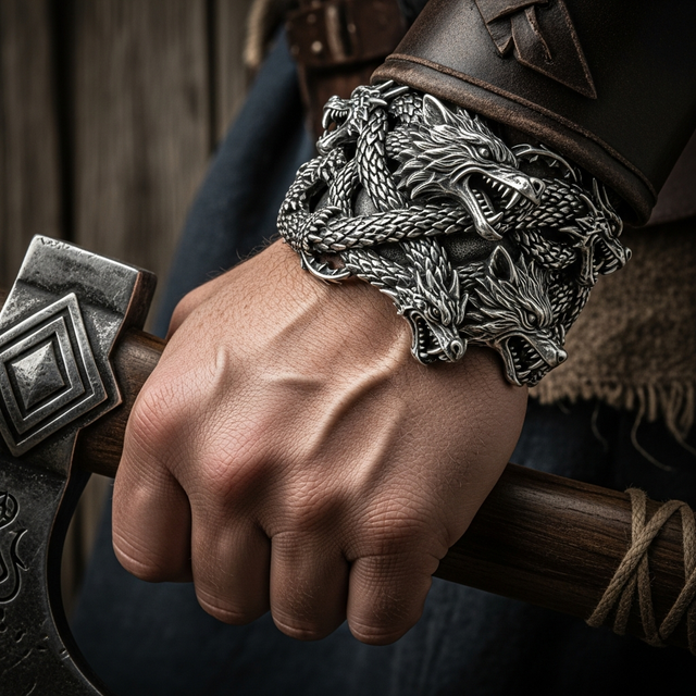 Prim-plan pe mâna unui războinic viking, care poartă o brățară masivă și complexă din argint.