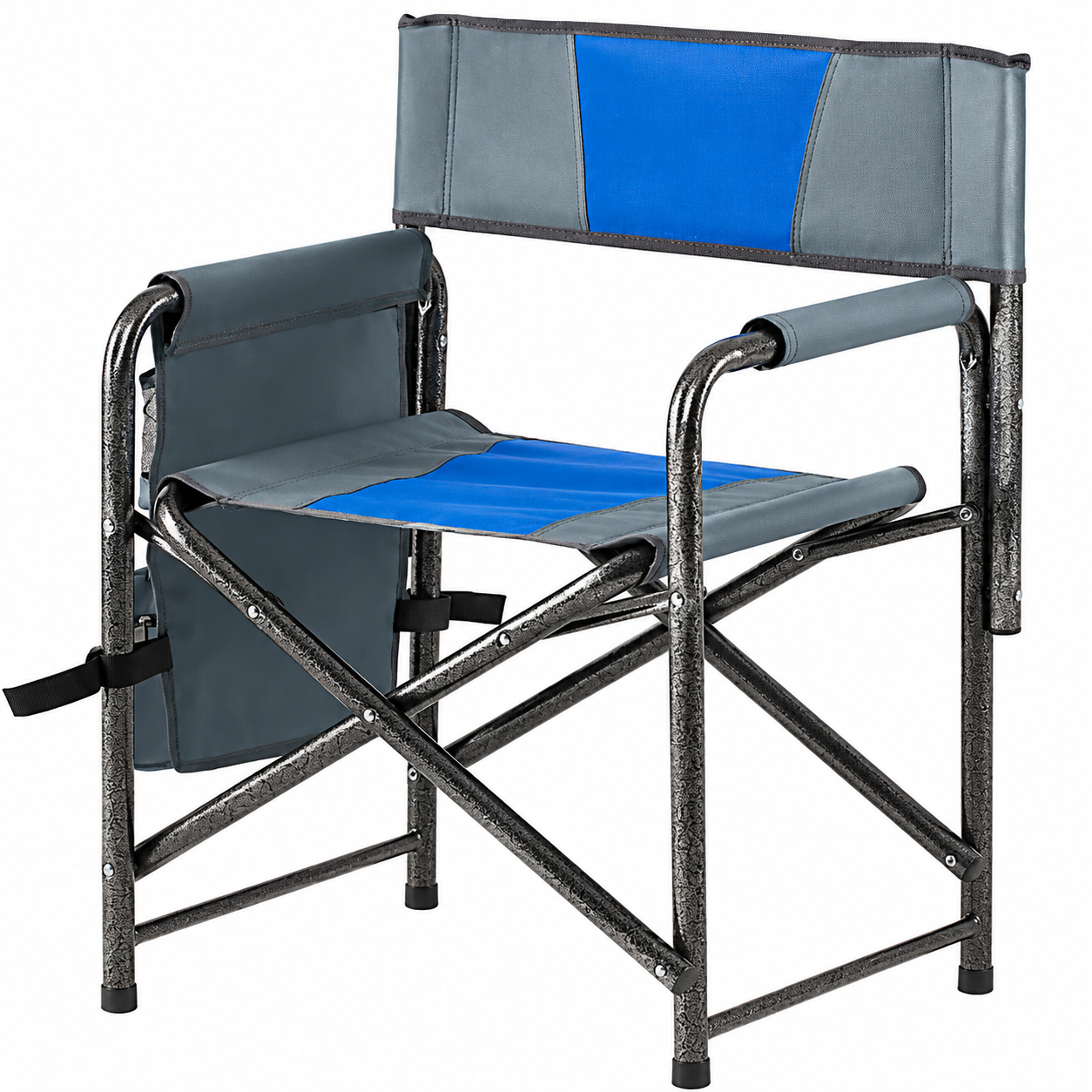 Single blue and grey folding camping chair with armrests steel frame and fabric seat