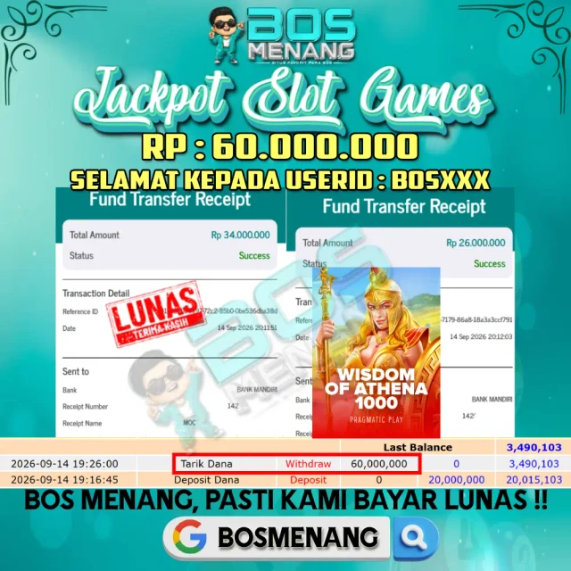 Bukti JACKPOT Tanggal 14 SEPTEMBER 2026 - MENANG SLOT GAMES - Wisdom Of Athena 1000 (Pragmatic Play) Rp 60.000.000,-