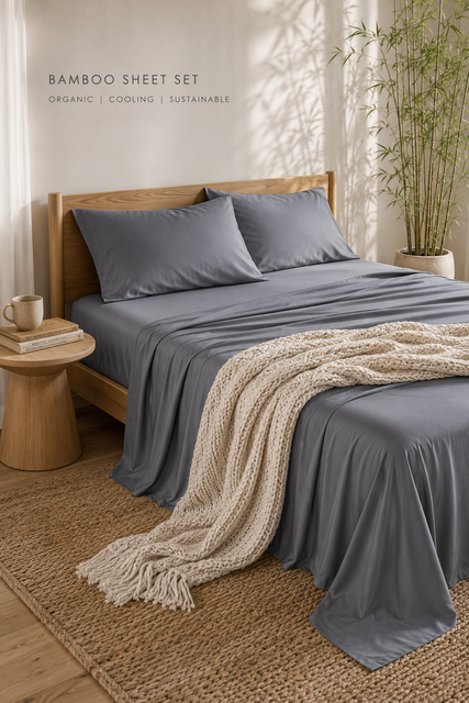 Scandinavian bedroom with slate gray bedding