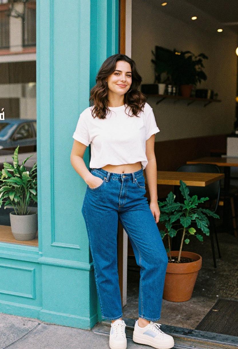 Cobalt blue low rise jeans with a cropped white tee outside a city café, breezy Y2K casual look