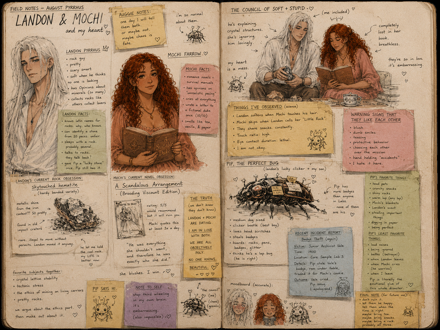 A handwritten notebook spread where Auggie writes field notes about Landon, Mochi, and his heart