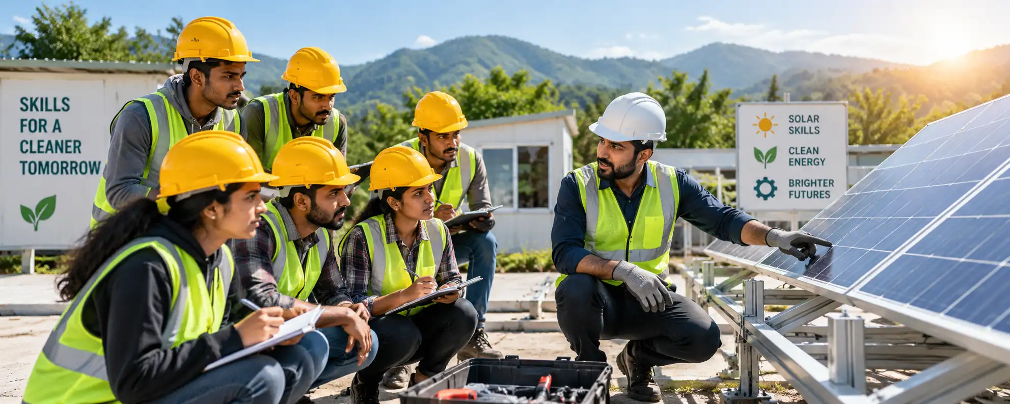 Trainees learning hands-on renewable energy installation skills