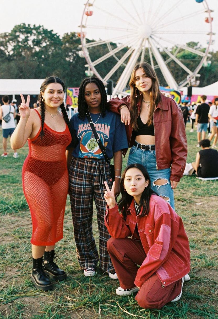 Bold crimson and cobalt indie concert looks in a lively festival collage