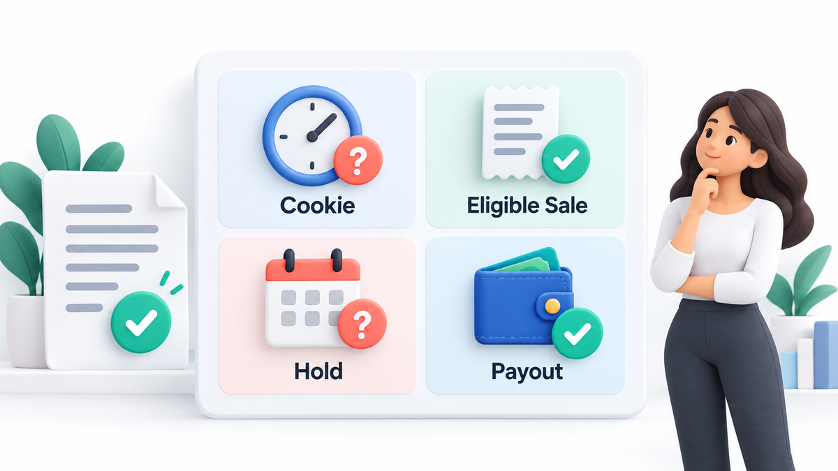 Affiliate term verification board covering cookie evidence, eligible purchases, review holds, and payout
