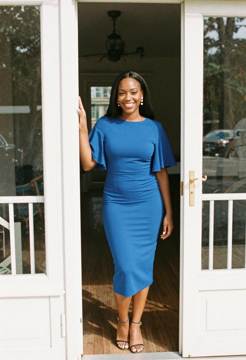 Cobalt blue flutter-sleeve midi dress with pearl earrings for outdoor ceremony