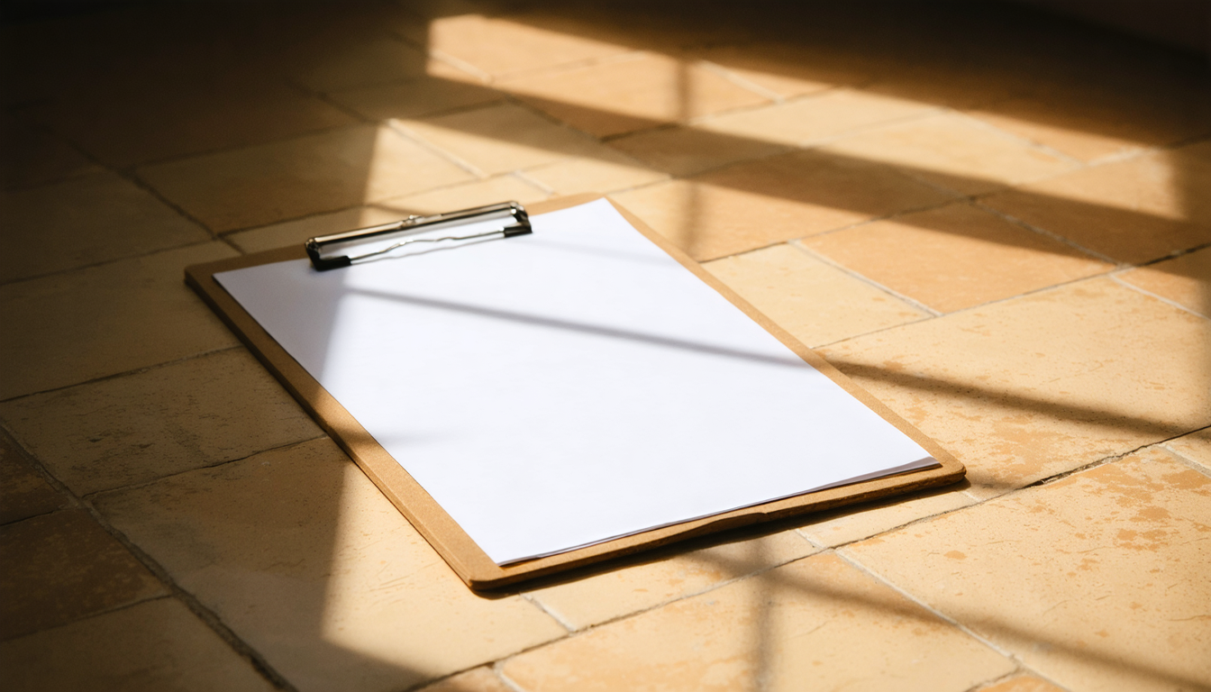 A clipboard left on a warm terracotta floor, bathed in afternoon sunlight that doesn't seem to need permission.