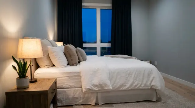 Serene minimalist bedroom with soft amber lighting, white linens, and blackout curtains at dusk
