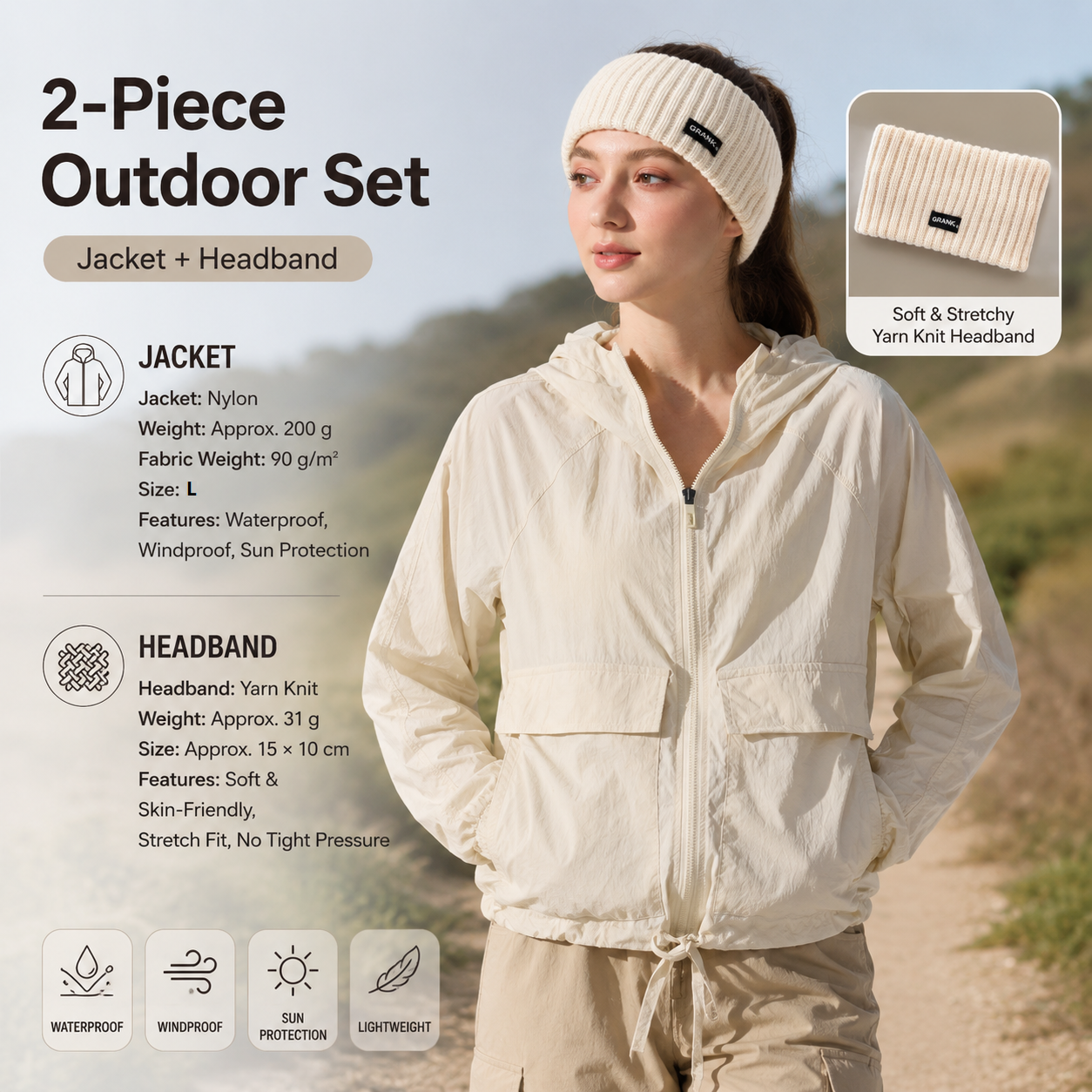 Women's Lightweight Outdoor Windproof and warm set - Beige L Size Waterproof Windproof Sun Protection Hooded Raincoat and Beige Knitted Warm Headband Set for Hiking Travel Daily Wear