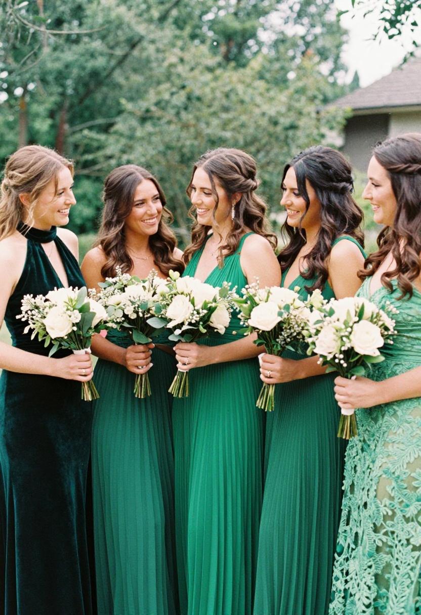 Hunter jade and fern green gowns side by side showing how a spectrum of bold green shades can unite a bridal party