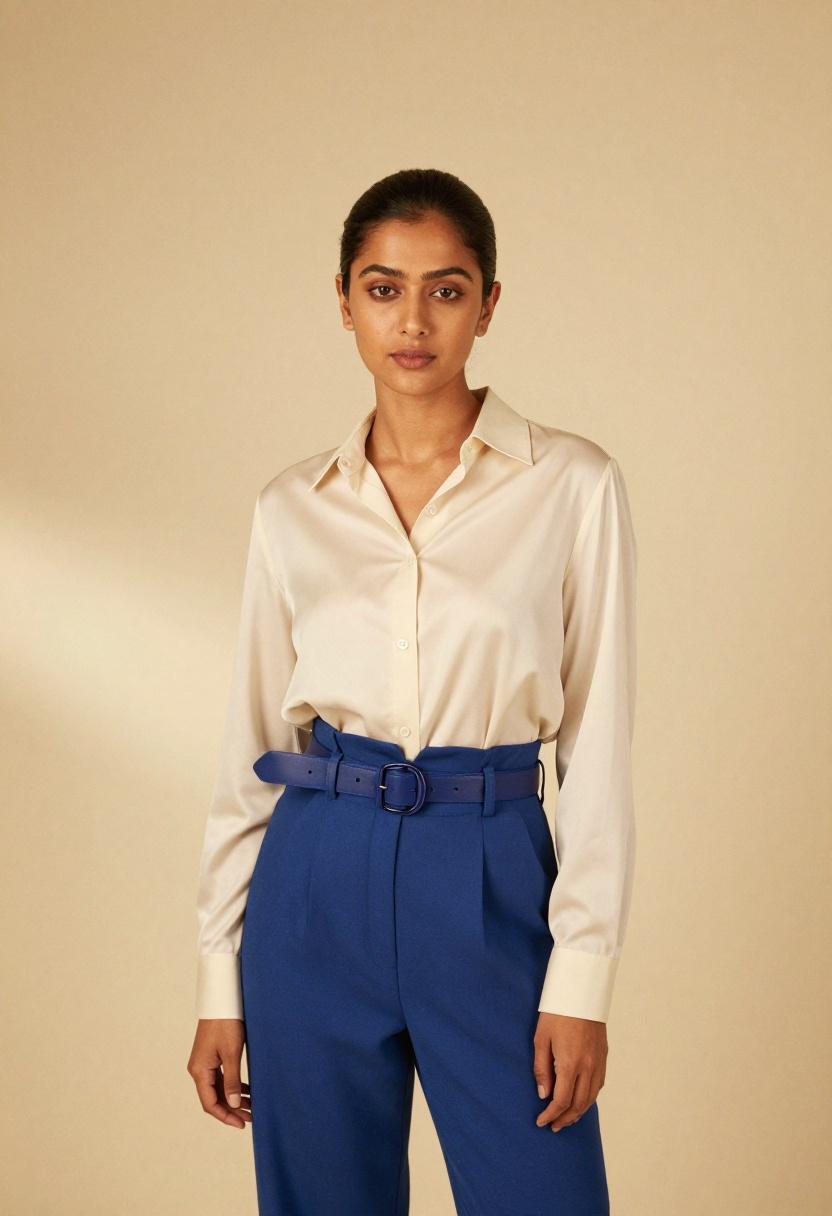 Sleek cobalt belted trouser with tucked-in silk blouse for polished office elegance