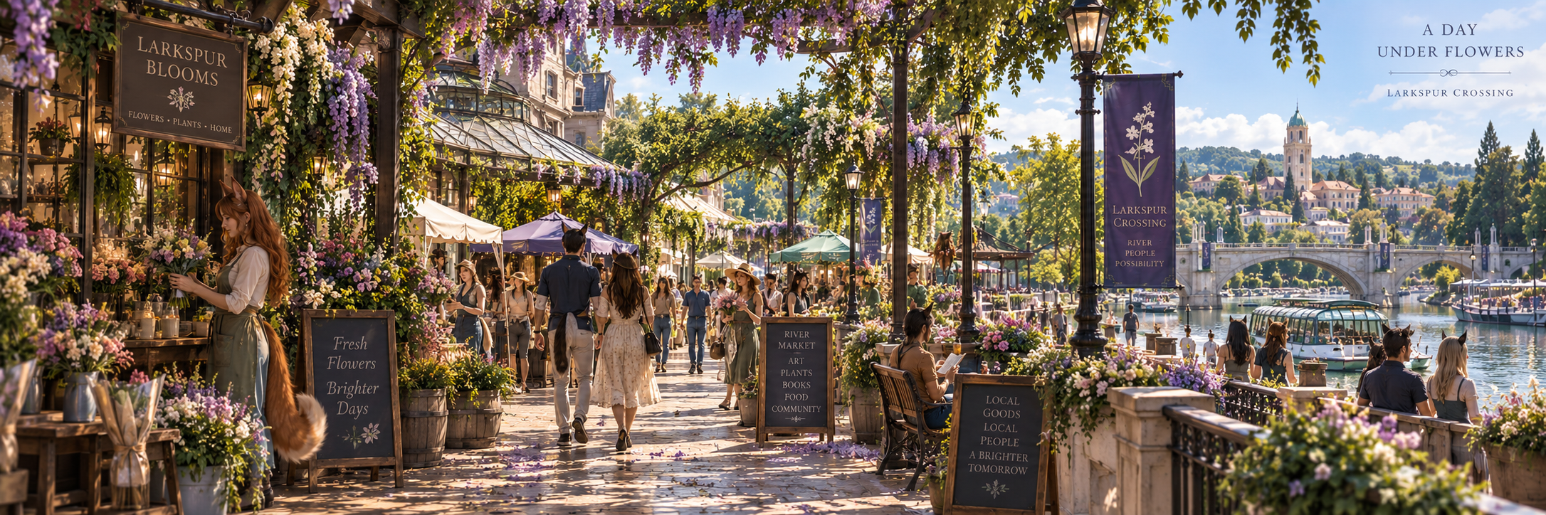 A bustling daytime Larkspur riverfront with markets, families, workers and ferries