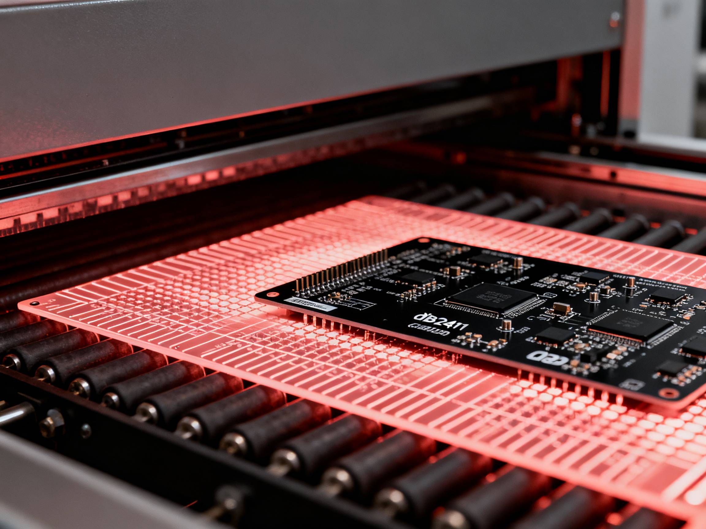 How Does a Reflow Oven Work? A Comprehensive Guide to Principles and Processes1 - S&M Co.Ltd A close-up of a PCB on a conveyor for convection heat distribution.