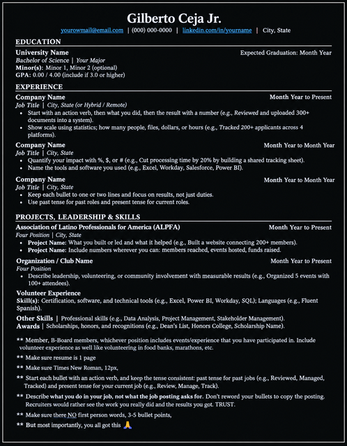 Preview of the ALPFA resume template