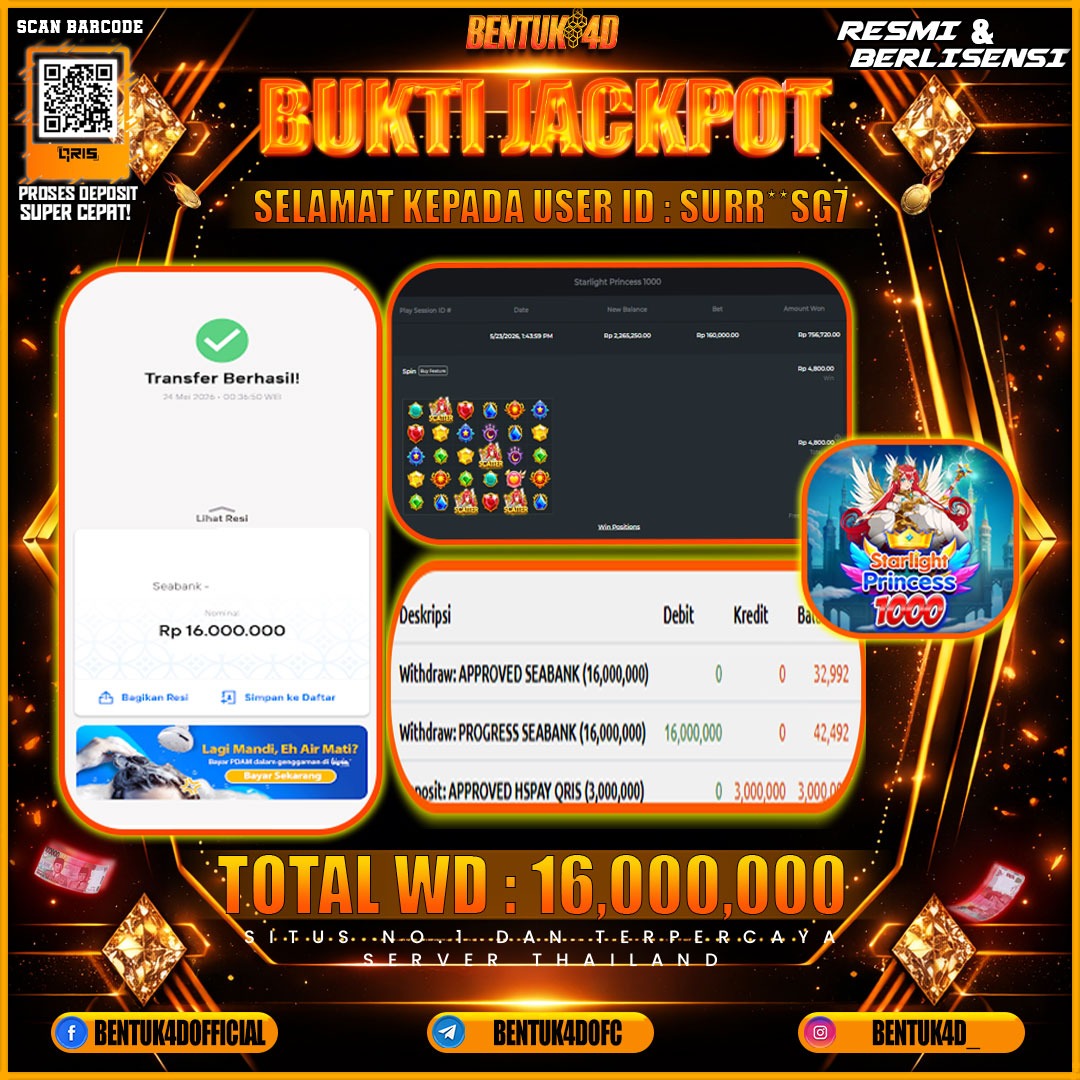 SELAMAT KEPADA USER ID : SURR*SG7 KEMENANGAN Rp 16,000,000 (STARLIGHT PRINCESS 1000) DI BENTUK4D