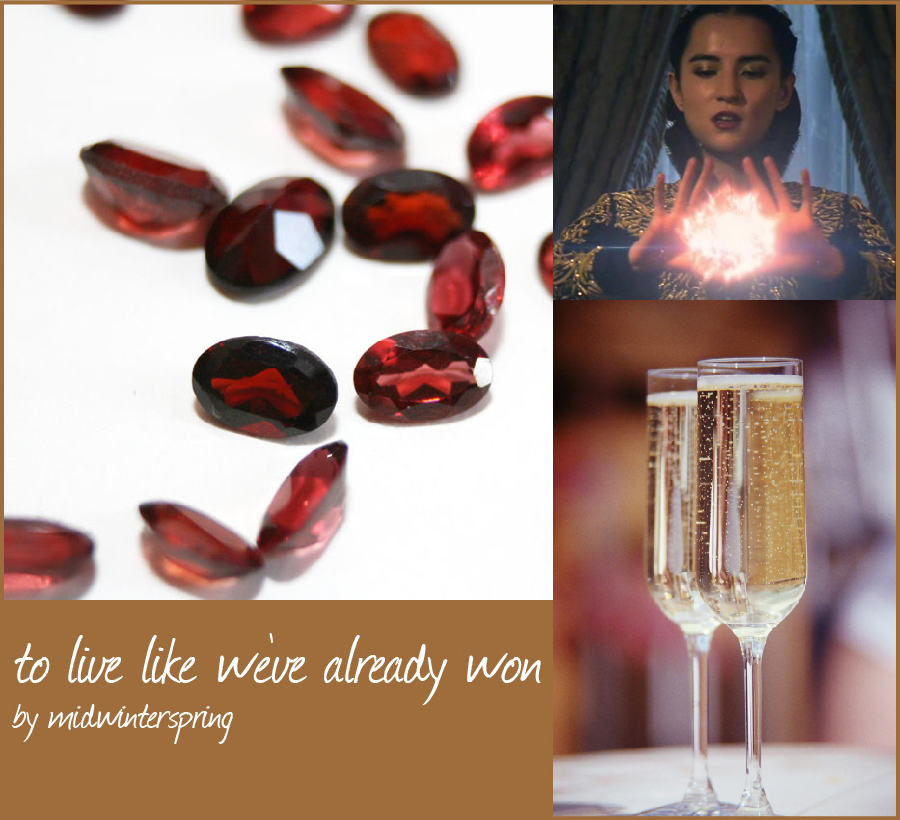 Left side - dark red faceted garnets, fic title and author in handwriting font, right side: Alina summoning at the Winter Fete, two glasses of champagne