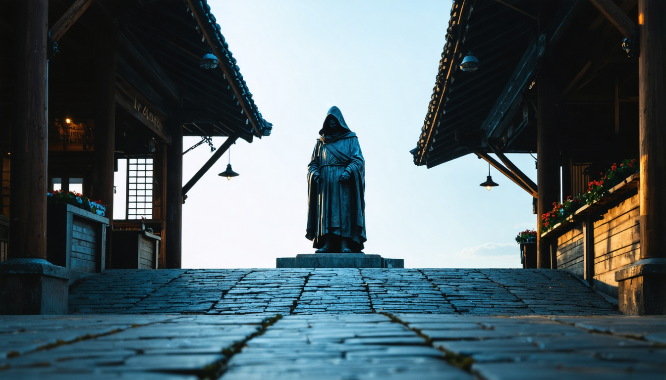 Bronze statue silhouetted against morning sky in an open market square.