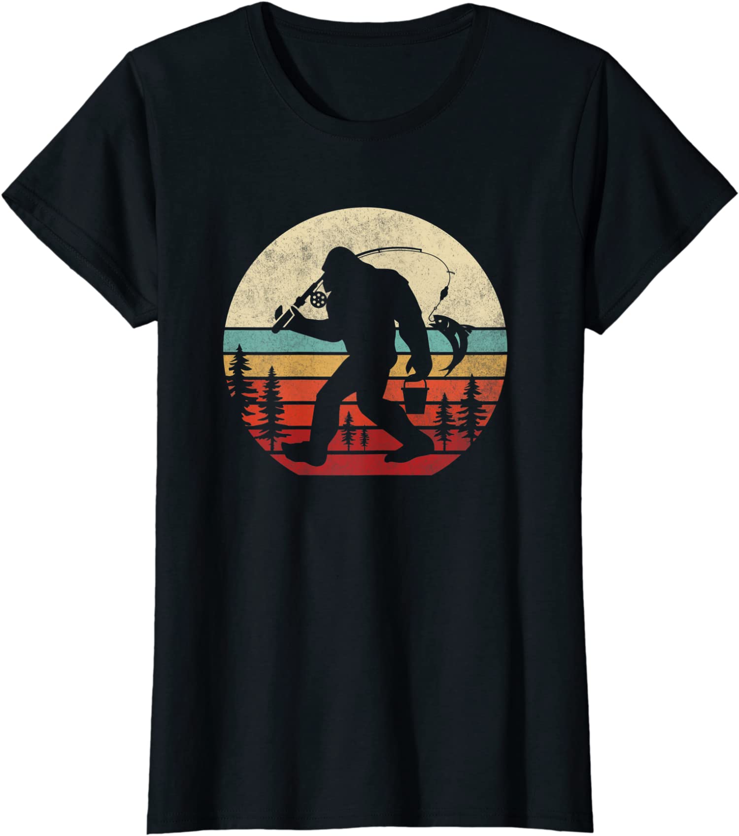 Bigfoot Fishing Funny Retro Sasquatch Dad Men Kids Ladies’ Crewneck T-Shirt
