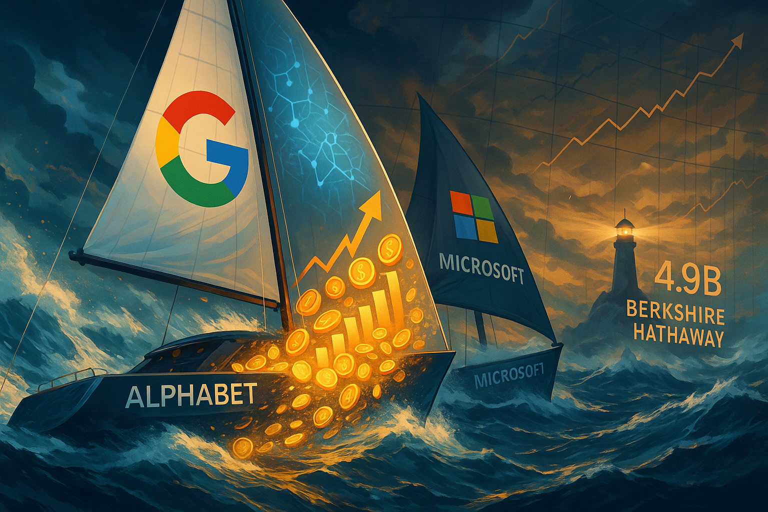 Visual representation of Alphabet (Google) achieving major market cap milestone, surpassing Microsoft