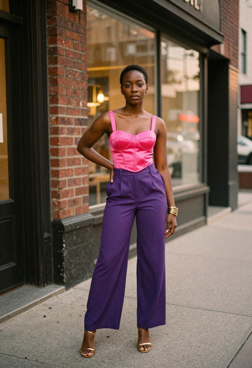 Fuchsia satin corset top and wide-leg trousers as a statement going-out outfit