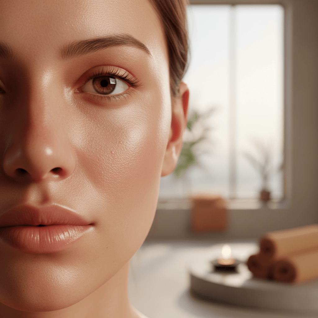Close-up of hydrated facial skin with soft glow and subtle fine lines