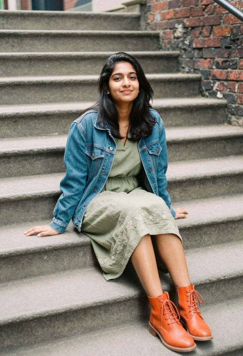 Tangerine square toe lace-up boots against sage green linen midi dress and denim jacket for urban spring style