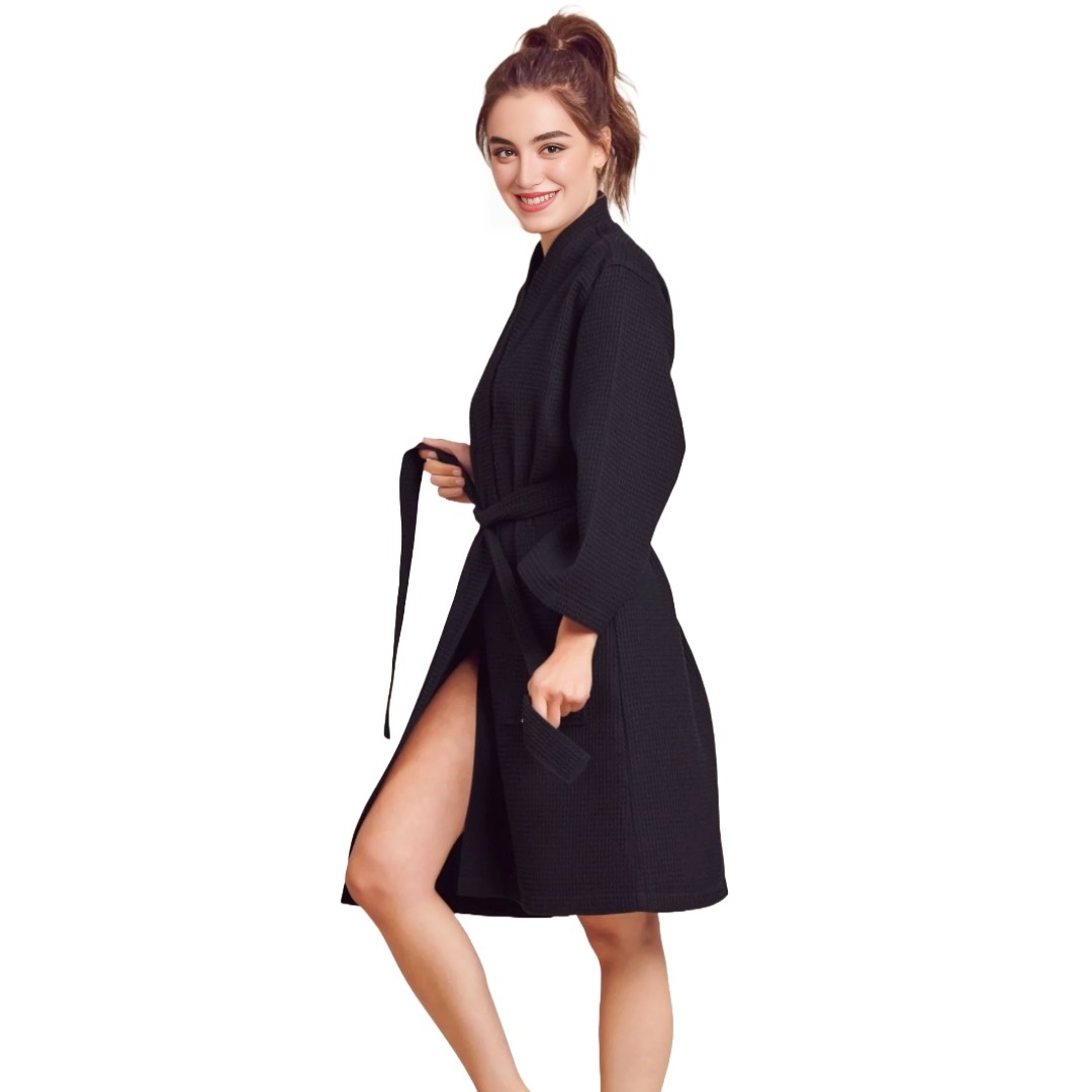 Women's Short Cotton Blend Waffle Kimono Black Bathrobe (Small/Medium) view 4