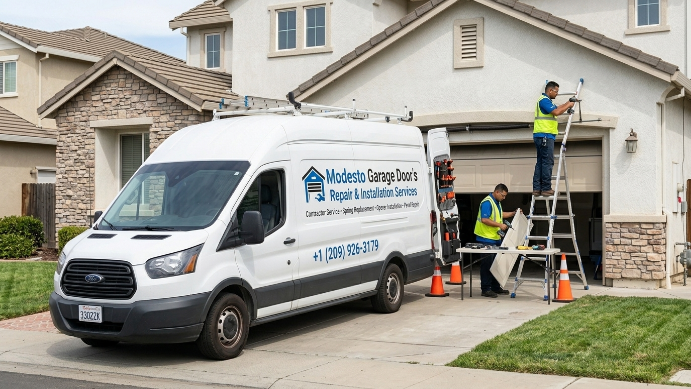Garage door technician at work in Modesto CA