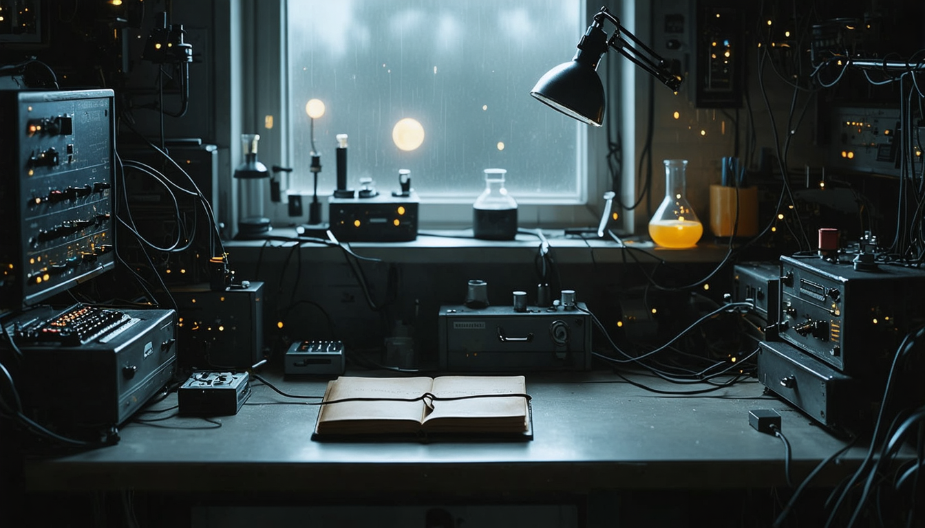 A dimly lit empty laboratory workbench at twilight with a single notebook closed among blinking electronic instruments.