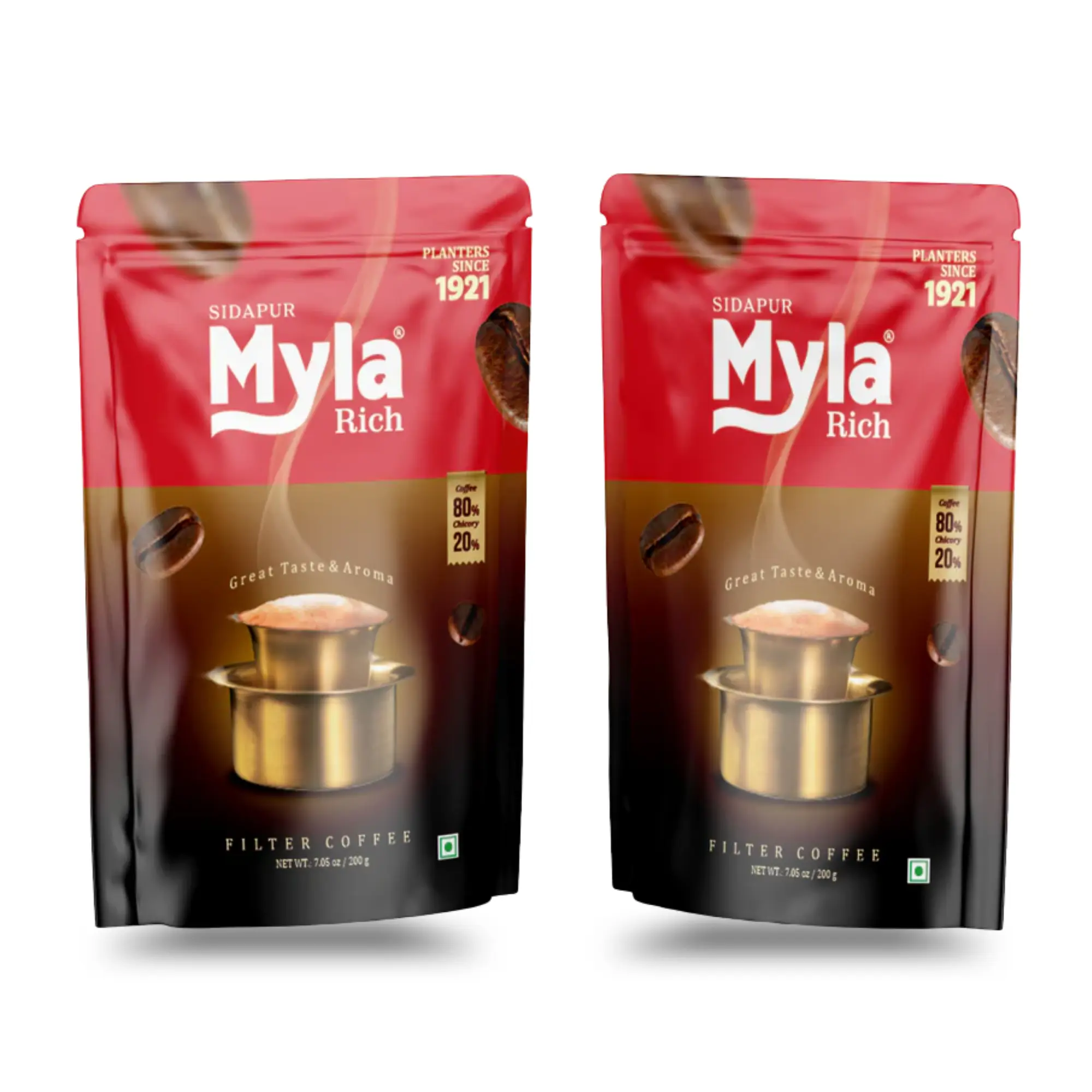 Sidapur Myla Rich 80% Coffee, 20% Chicory Medium Dark Roast Pack of 2 x 200g