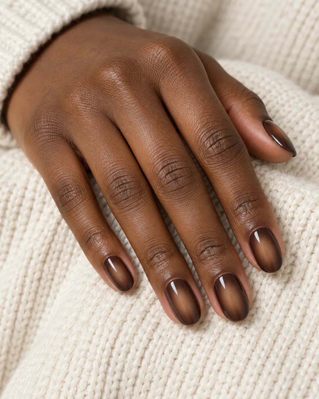 Chocolate Brown Tonal Aura Fade manicure inspiration for chocolate brown nail ideas