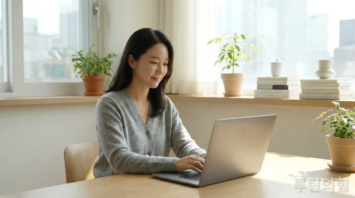 30대 한국인이 깔끔하게 정리된 책상에 앉아 노트북을 사용하는 모습, 미니멀한 실내 배경