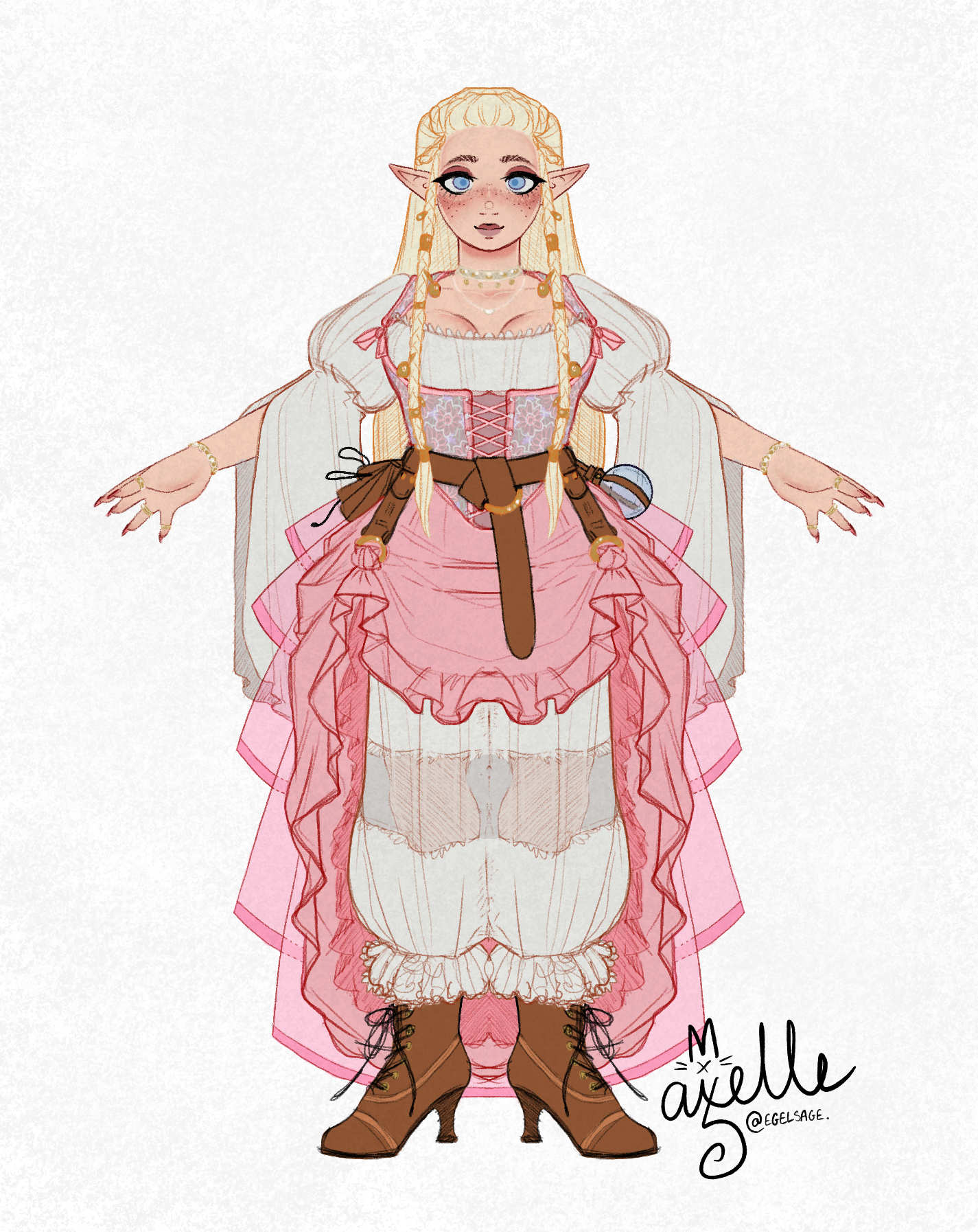 A digital drawing of a feminine looking person standing head on. They have long blonde/white hair with two decorated braids down the front. They have blue eyes and a rosey complexion. Their skin is a very light peach colour. They are wearing a pink and white ensemble; A pink bodice with a white undershirt that has puffs sleeves that drape downward just before the elbow, a pink skirt that is ruched up by buckles on both sides which are attached to a brown belt around their waist. They are also wearing long white bloomers, which are visible due to the skirt being ruched. They are also wearing brown Victorian-style hook buttoned boots. They are standing in a slight T-pose to showcase their outfit appropriately.