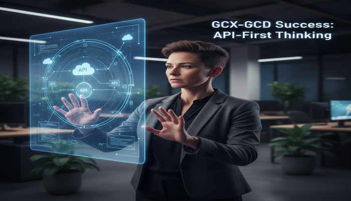 GCX-GCD Success: API-First Thinking A confident Genesys Cloud CX Developer interacting with a glowing holographic display showing interconnected APIs and cloud architecture, symbolizing strategic mastery and the 'API-first thinking' secret to GCX-GCD exam success.