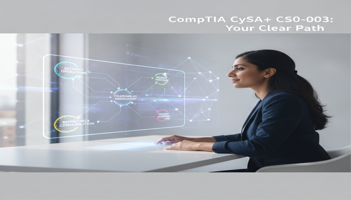 CompTIA CySA+ CS0-003: Your Clear Path A professional adult viewing a holographic digital roadmap illustrating the structured study path and key domains for the CompTIA CySA+ CS0-003 exam, set in a modern, well-lit environment.