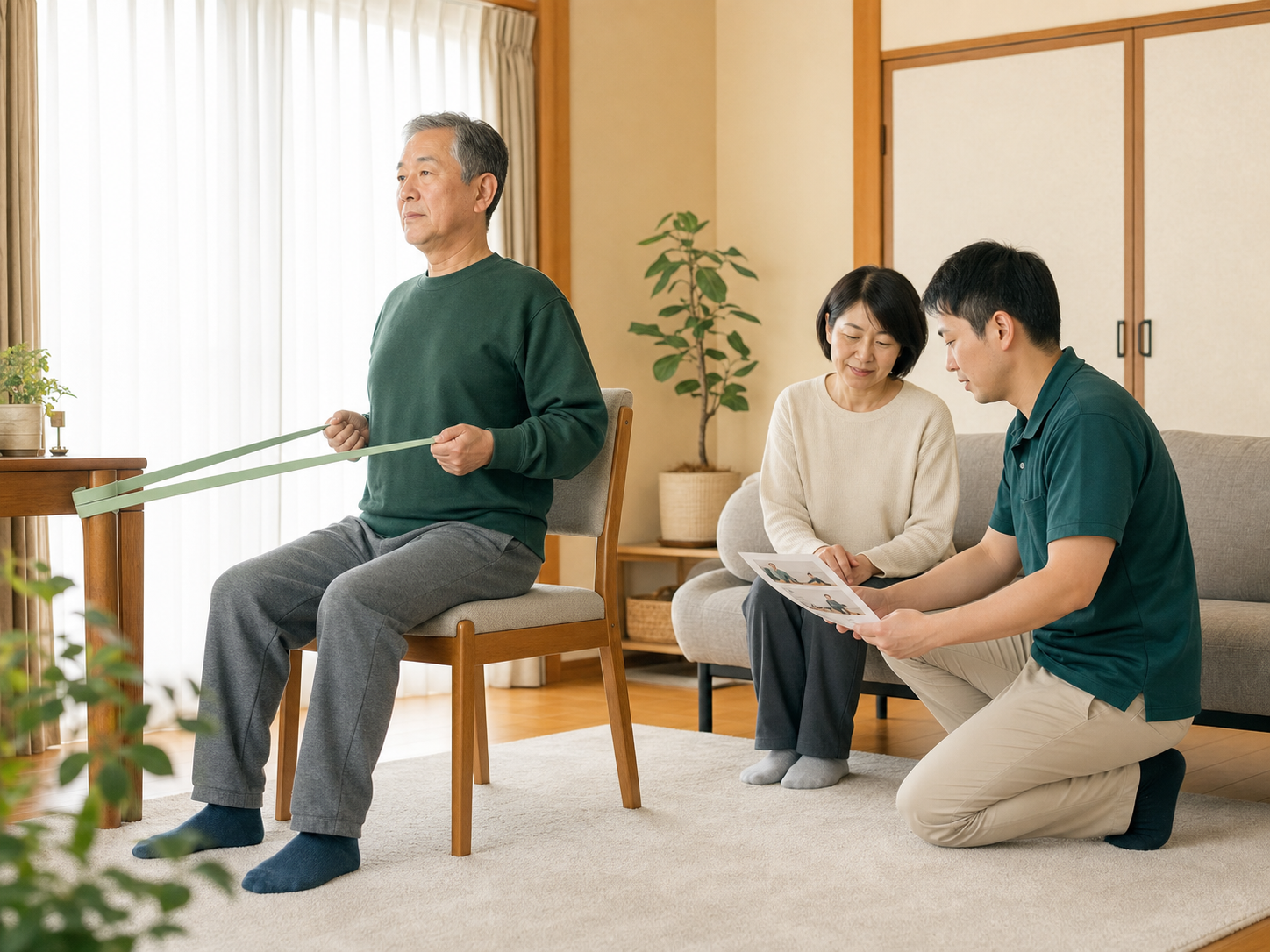 自宅で安全にゴムバンド運動へ取り組み専門職と家族が確認する様子