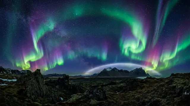Vivid aurora borealis cascading over dark Icelandic volcanic landscape, evoking Earth's magnetic shield