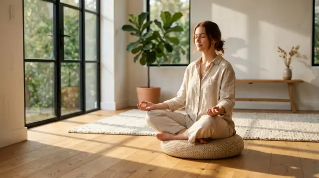 Serene person meditating cross-legged in sunlit minimalist room with golden morning light