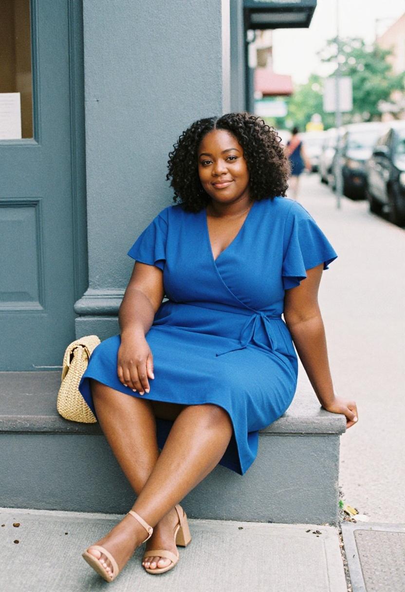 Cobalt blue wrap midi dress on a curvy figure seated on an urban ledge